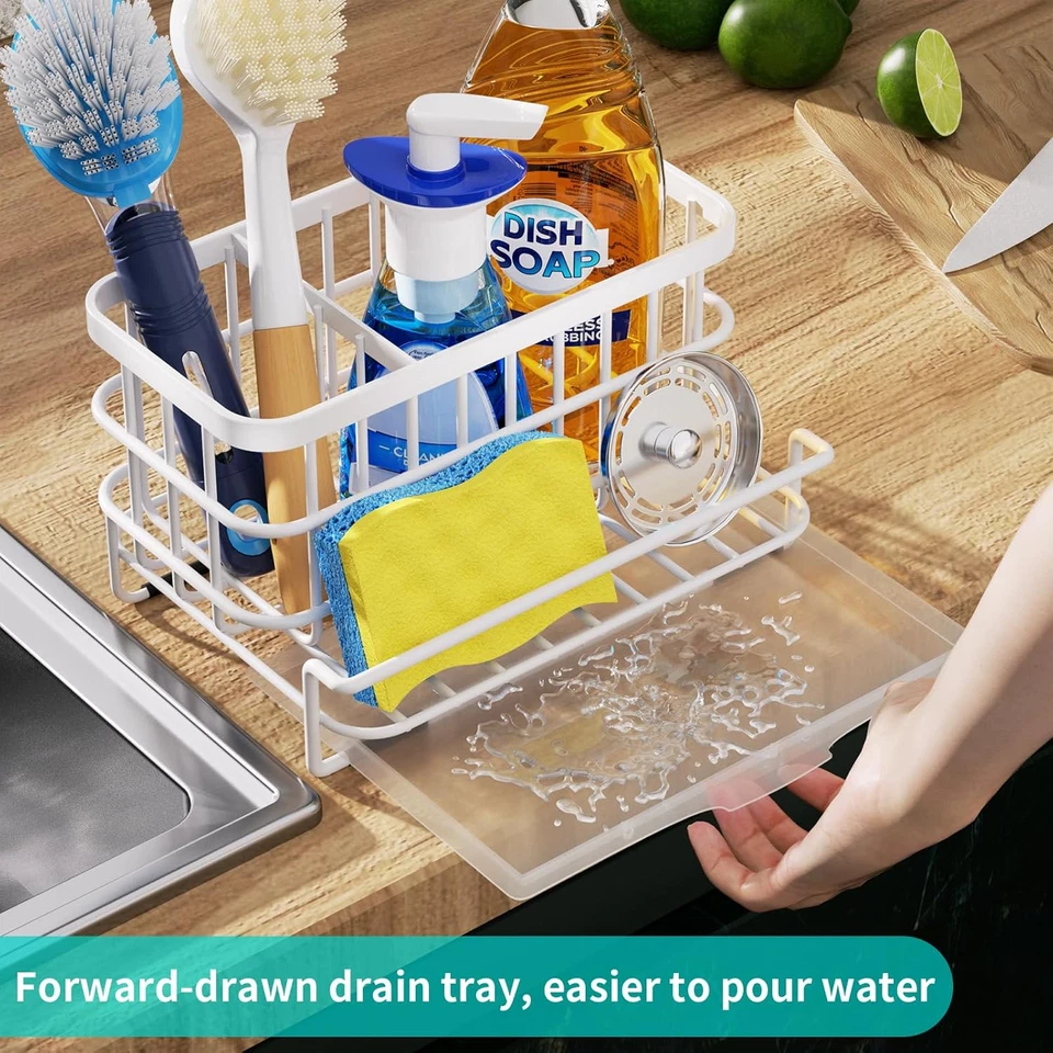 Soporte de esponja para fregadero - Organizador de fregadero de cocina con bandeja de drenaje, SUS304 Stainl Foto 3 de 4