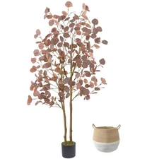 Artificial Eucalyptus Tree, 5ft Fake Eucalyptus Plant with Basket, Red Silver...