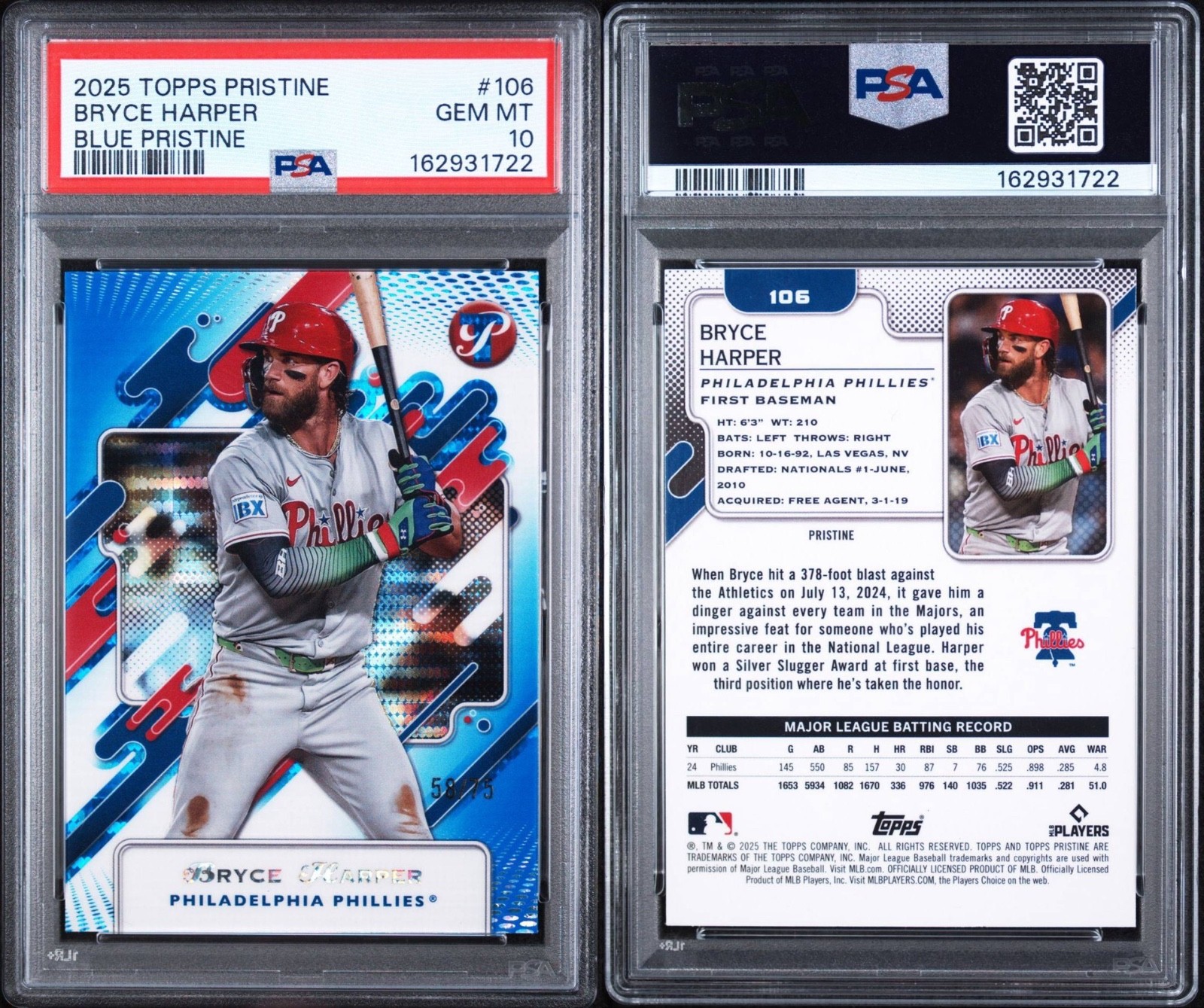 2025 Topps Pristine BRYCE HARPER /75 Blue Pristine #106 Phillies, PSA 10, Pop 1 view 3