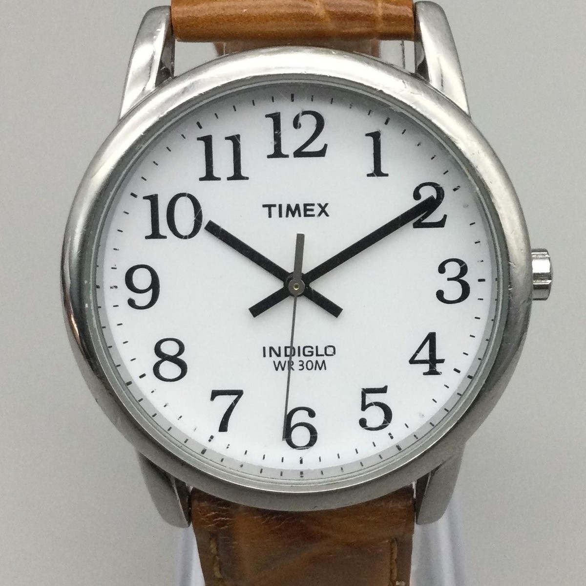 Timex Indiglo WR30M Mens Watch 35mm White Dial Brown Leather Strap