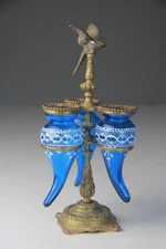 Antique Epergne Vase w/ 3 Blue Glass Horns on Metal Stand