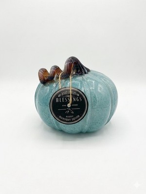 Autumn Blessings Glass Pumpkin Blue Aqua Turquoise Amber Stem Fall Harvest New