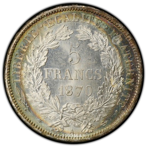 Monnaie France - 5 Francs Cérès - 1870 A Paris - PCGS MS 65 - Rare - Picture 2 of 2