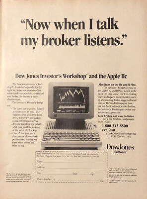 1984 Dow Jones PRINT AD Investors Workshop Software Apple IIC VTG 1980s Computer
