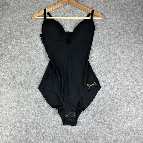 Juicy Couture Bodysuit Womens M Black Deep V-Neck Padded Stretch Rouched Bottom - Picture 1 of 10
