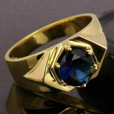 Solitaire Men Engagement Ring 2.3Ct Simulated Sapphire 14K Yellow Gold Plated