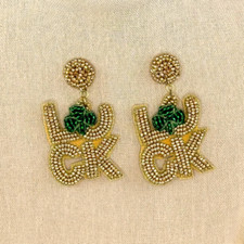 St. Patrick's Day Gold LUCK Seed Bead Dangle Earrings, Green Clover, Lucky Charm