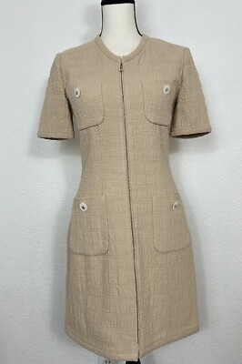 NEW SANDRO PARIS Nadege Tweed Short Dress FULL ZIP BEIGE Sz 38