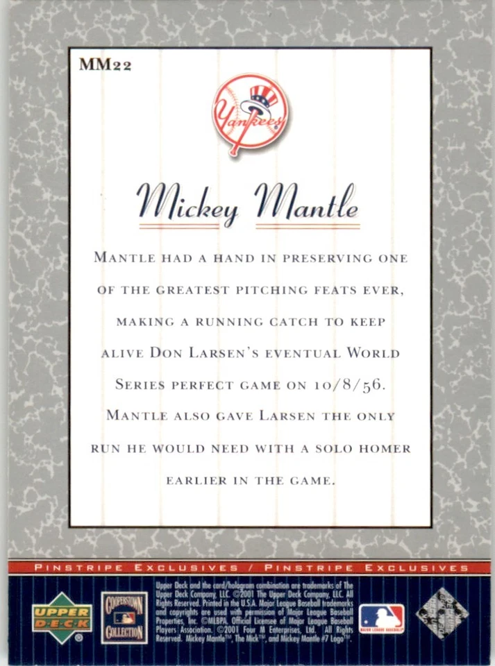 2001 Upper Deck Pinstripe Exclusives Mantle #MM22 Mickey Mantle - Image 2 of 2