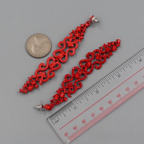 Red Crystal Rhinestone Pageant Long Drop Dangle Earrings Wedding Prom 4641 - Picture 4 of 4