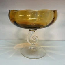 Vintage MCM Empoli Amber Optic Art Glass Hand Blown Stemmed Pedestal Bowl