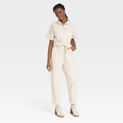 Women's Short Sleeve Button-Front Boilersuit - Universal Thread Cream 12