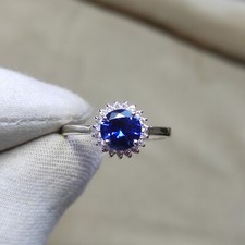 Luxury Blue Sapphire Halo Ring  Simulated Engagement Ring  Gift for Her C6879