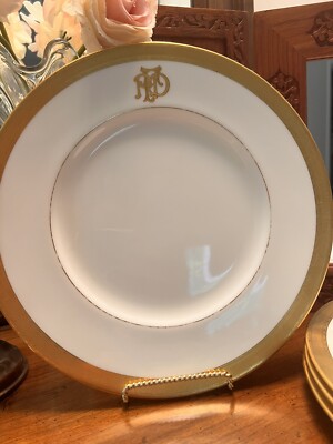 8 Antique Mintons Dinner Plates Pattern H2864, Gold Trimmed White, Signed