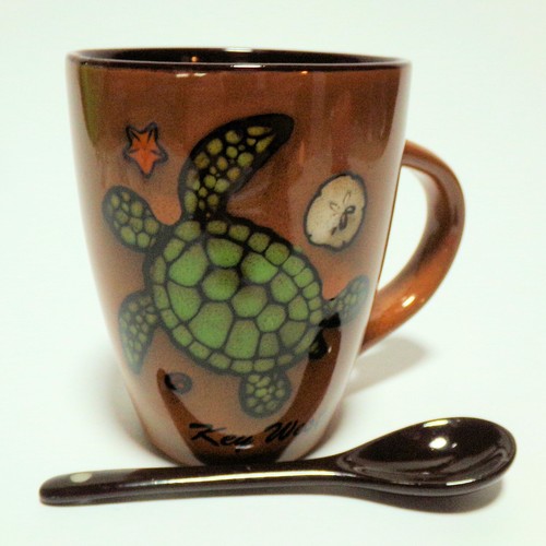 Key West Florida: Ceramic Mug with Attached Spoon Brown with Green Turtle 4"H - Picture 2 of 9