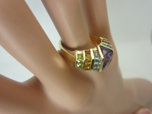 14K Oro Amarillo Amatista Topacio Azul Citrino Peridoto Anillo 6CT Tw Pirámide - Imagen 6 de 11