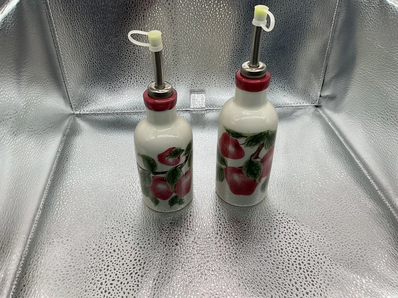 SET (2) CERAMIC OIL & VINEGAR CRUET DISPENSERS - PAINTED RED APPLE DESIGN - NEW