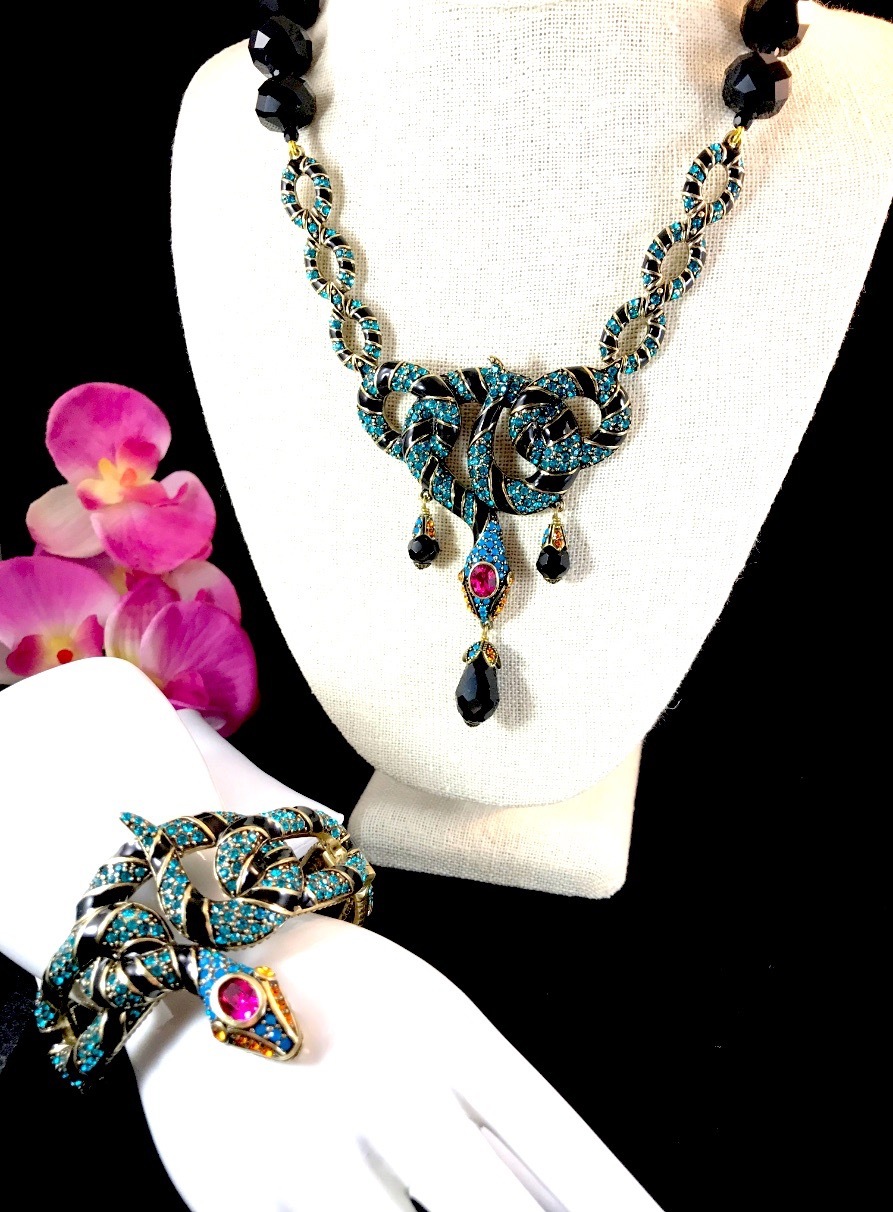 RARE SOLD OUT NIB HEIDI DAUS BLUE RHINESTONE COME SLITHER NECKLACE BRACELET SET