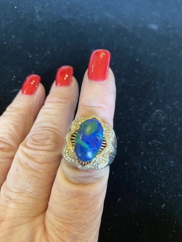 Vtg Gold Tone Sterling Silver Azurite Ring  925 Blue Green Sz 8  Stunning Estate