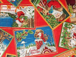 CHRISTMAS-VINTAGE-POSTCARDS-ON-RED-GOLD-METALLIC-Cotton-Fabric-VIP-SANTA-OOP-HY