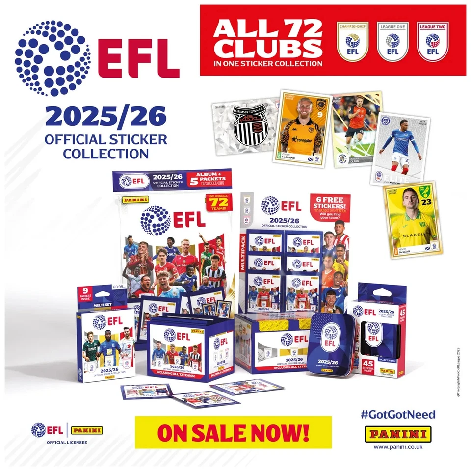 Panini EFL 2025 Sticker Collection - 25/26, #233-471, Buy 3 Get 10 Stickers Free