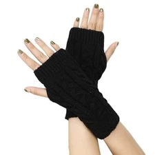  Women Knit Arm Warmers Fingerless Gloves Winter One Size 1 Pair Black Twist
