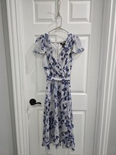 DKNY Blue Floral Hi Low Dress Party Wedding Shabby Chic Cottagecore EUC 
