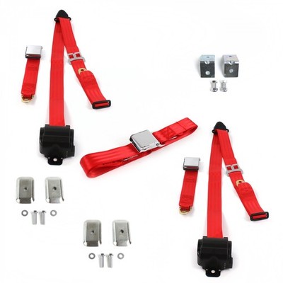  1968 - 1970 Airplane 3pt Red Bench Seat Kit w/Brackets 3 Belts  