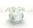 VNTG Fenton Vase Dish Bowl Blue Custard Signed Hand Painted Flowers Ruffled Used