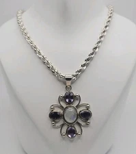 TJT India Sterling Silver Amethyst & Moonstone Pendant 20" Rope Chain Necklace