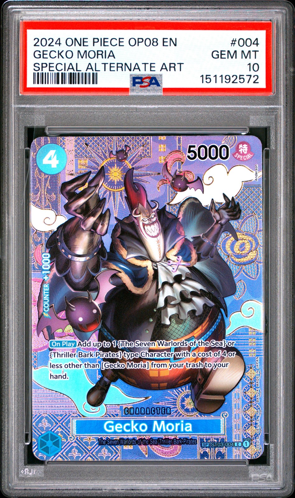 2024 ONE PIECE OP08-TWO LEGENDS SPECIAL ALTERNATE ART #004 GECKO MORIA PSA 10