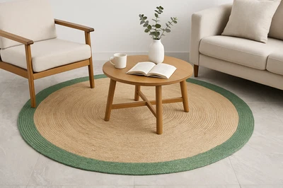 Jute Rug Handmade Beige With Green Boder Round Floor Carpet/ Mat- Beige+Green - Image 1 of 4