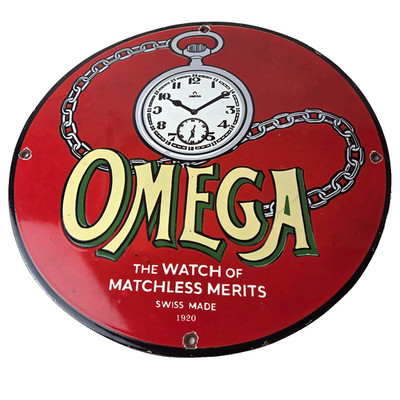 Vintage Omega Watches Porcelain Sign - Swiss Made Store Display Gas Pump Sign