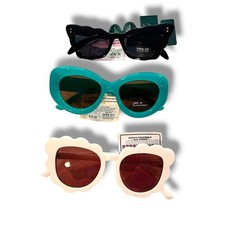 Set Of 3 Sunglasses Teal Green, Black, White Pairs NEW W Tags Cat Eye D-5