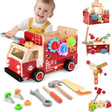 Werkzeugkoffer Kinder Werkbank, 2 in 1 Feuerwehrfahrzeug aus Holz und Werkzeu...