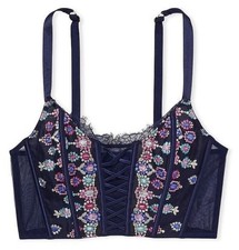 Victoria s Secret Dream Angels Corset Bra Top Small Embroidered Floral Navy NWT