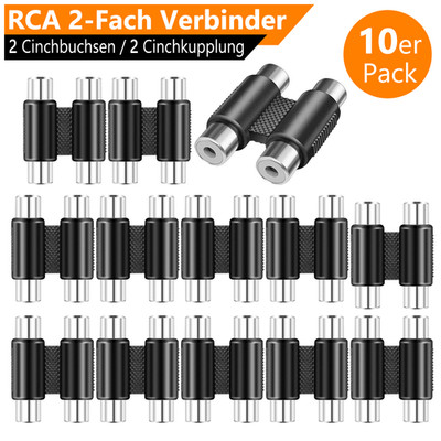10x Audio Adapter 2-Fach Cinch Kupplung Buchse auf Buchse RCA Chinch Schwarz