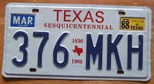 Texas 1988 SESQUICENTENNIAL License Plate HIGH QUALITY # 376-MKH