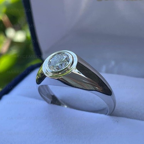 7mm Round Cut DEF Moissanite Solitaire Mens Engagement Ring 14K Whit Gold Plated - Picture 2 of 6