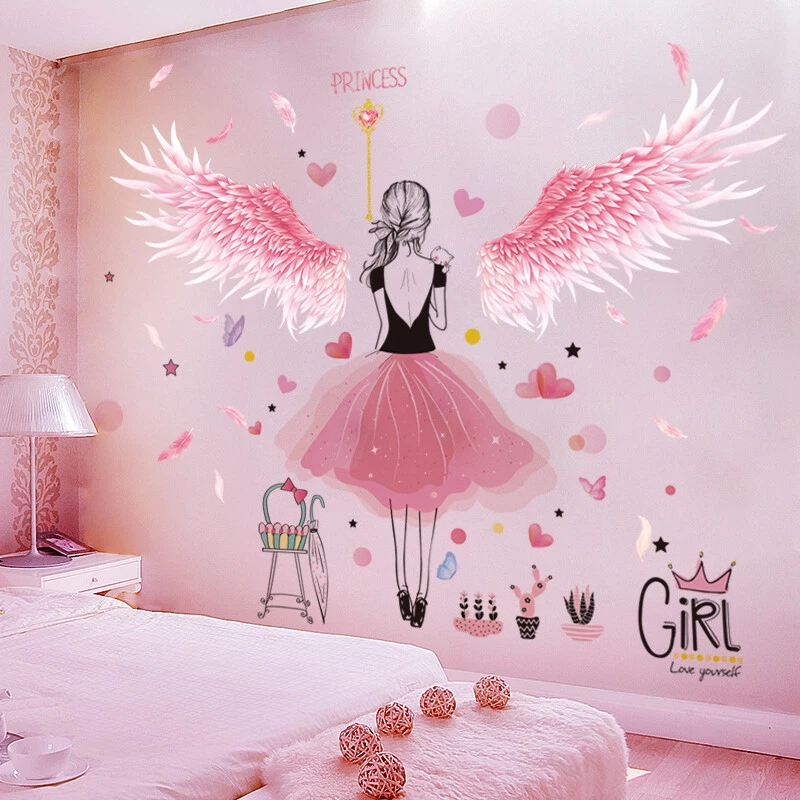 PINK FEATHERS WINGS WALL STICKERS DIY CARTOON GIRL WALL DECALS FOR