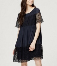 Ann Taylor LOFT Navy Blue Eyelet Crochet Short Sleeve Babydoll Mini Dress XS