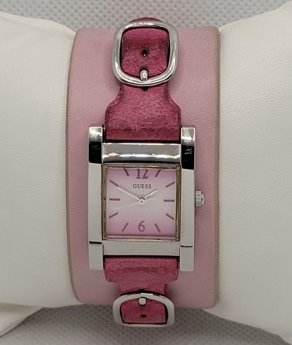 Ladies Guess Square Silver Tone Pink Dial Wide Leater Strap Analog Watch K6