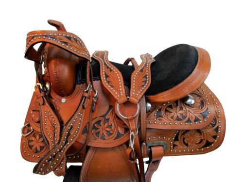 WESTERN TRAIL SADDLE 16 15 PLEASURE FLORAL TOOLED BROWN LEATHER HORSE TACK SET 