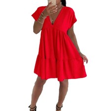 Womens Italian V-Neck Smock Dress Ladies Summer Beach Pleated Swing Top UK 8-22