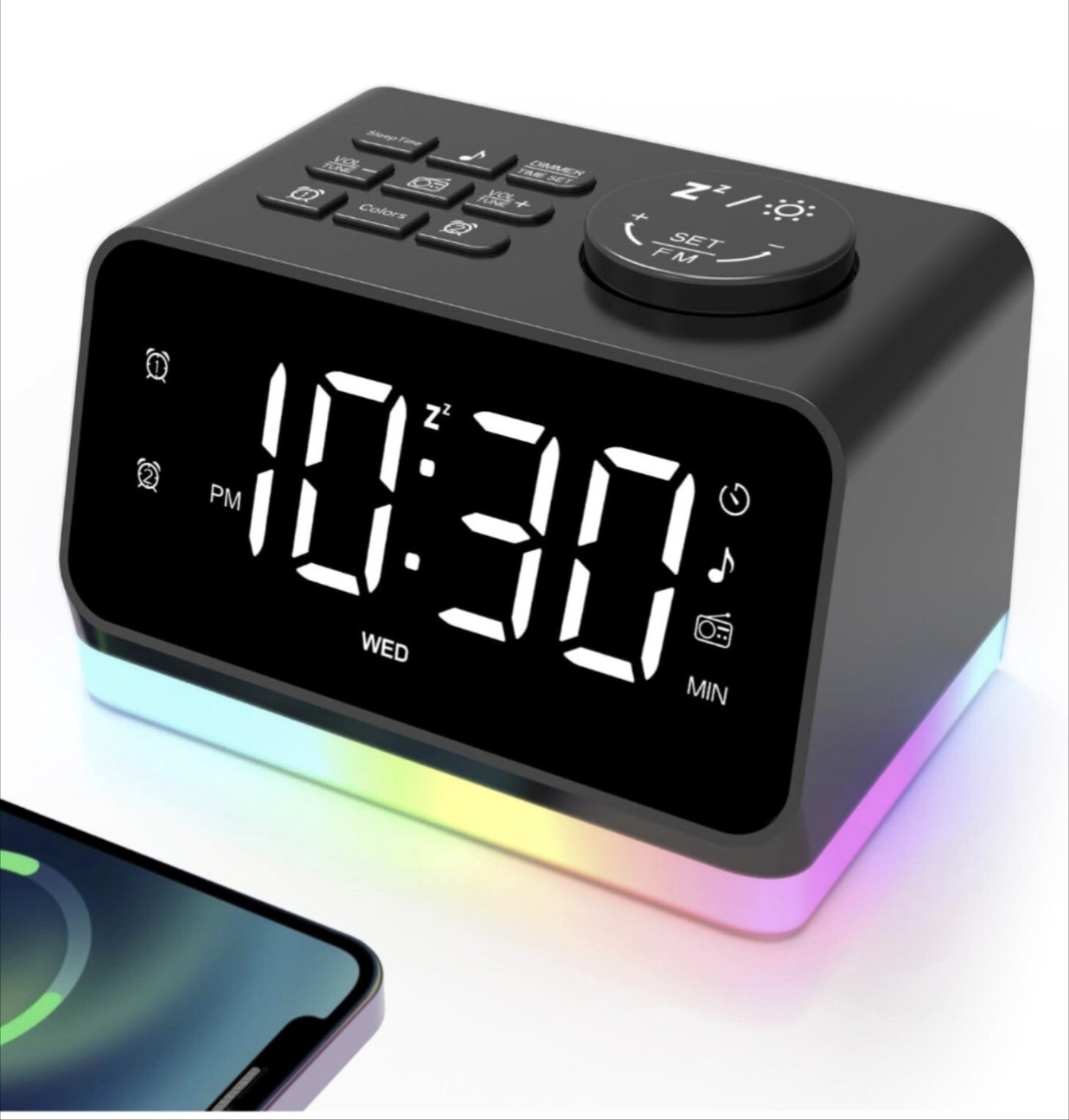 Radio Alarm Clocks for Bedrooms with 8 Colors Night Light & Time Display, 0-100%