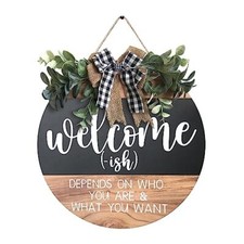 Welcome Sign for Front Door-Round Wood Wreaths Farmhouse Wood Door Hanger for...