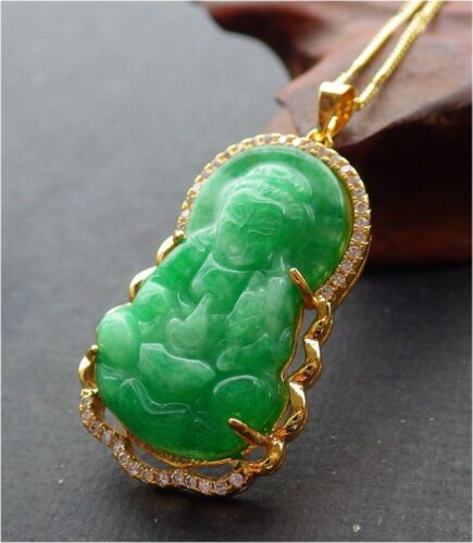 Gold Plate Green Jade Imitation Diamond Guanyin Kwan-yin Buddha Pendant Necklace - Picture 2 of 7