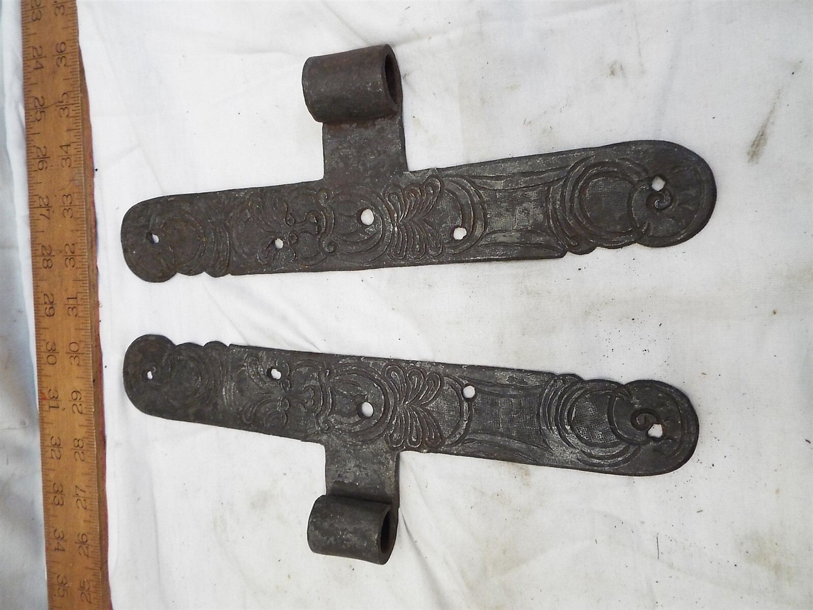 Pr Ornate Antique Blacksmith Hand Forged Iron Shutter/Door Hinge Ornate Hardware