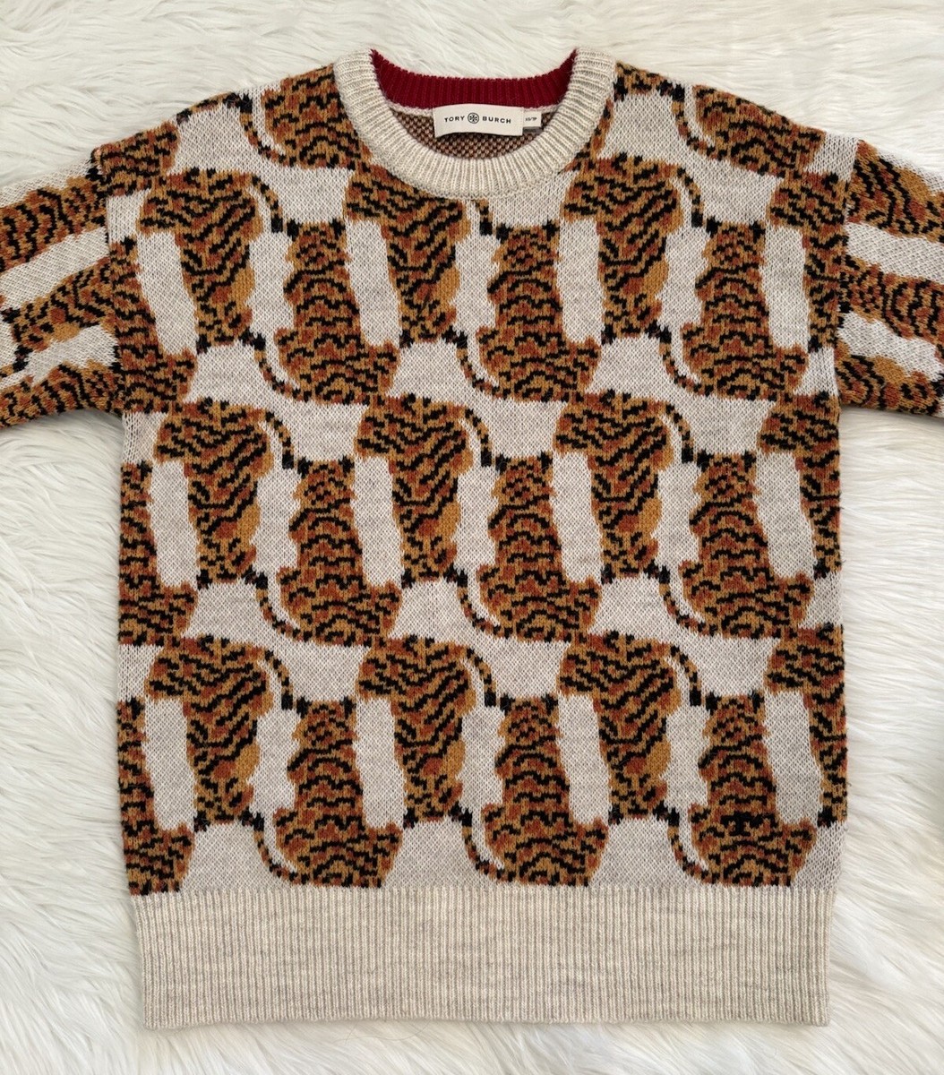 ニット/セーター Tory Burch  Tapestry Jacquard Sweater Tory Burch Tiger Jacquard Sweater Wool Blend Knit Medium | eBay