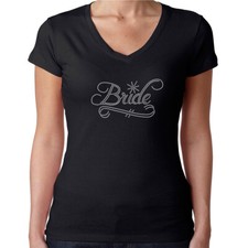 Womens T-Shirt Rhinestone Bling Black Fitted Tee Bride Script White Sparkle